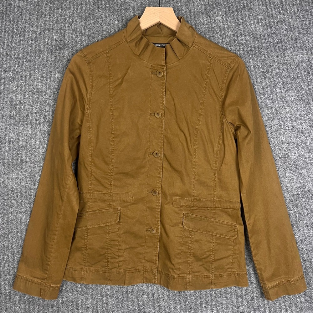 Eileen Fisher Utility Jacket Womens S Brown Excellent Funnel Neck Cotton Blend